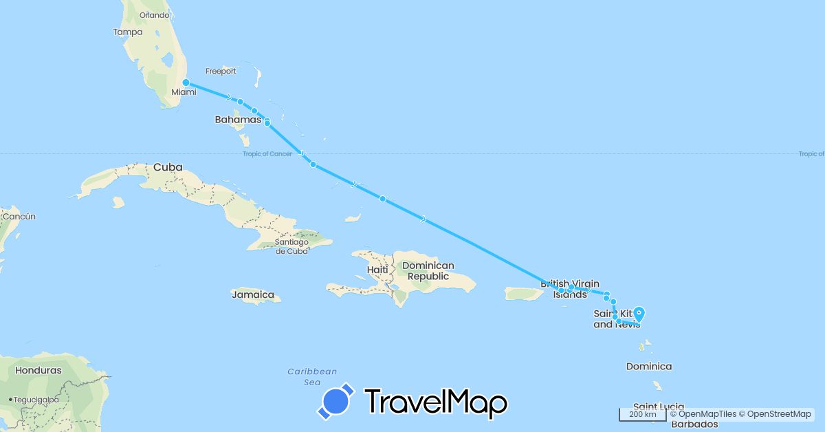 TravelMap itinerary: driving, boat in Antigua and Barbuda, Anguilla, Bahamas, France, Saint Kitts and Nevis, Netherlands, Turks and Caicos Islands, United States, British Virgin Islands (Europe, North America)
